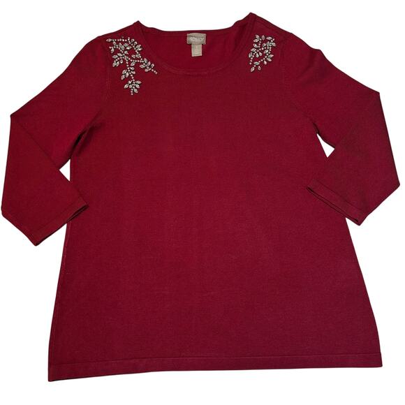 Chico's Red Round Neck Embellished Stretch Tight Knit Pullover Top Size 1 US 8 - Picture 3 of 9